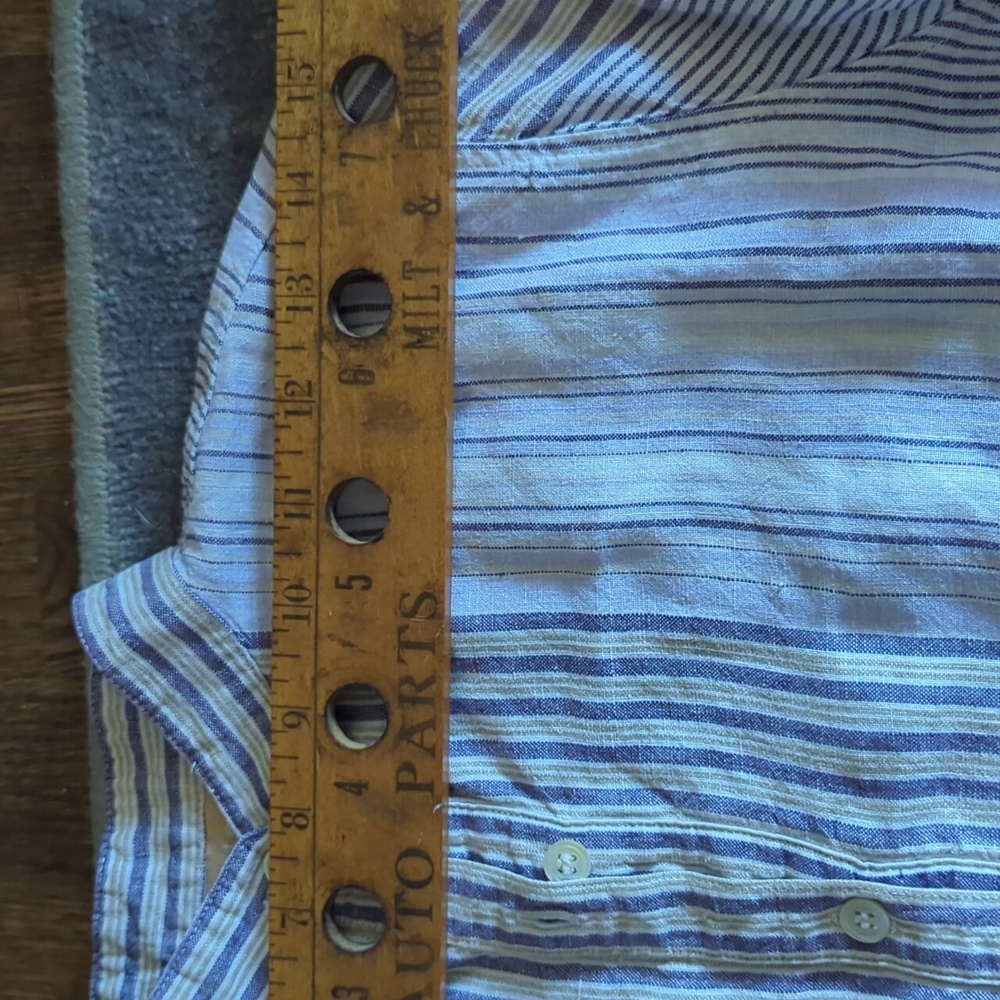 Kate Hill Petite Blue Yellow and White Striped Linen 3/4 Front Button Top S PS - Picture 5 of 7